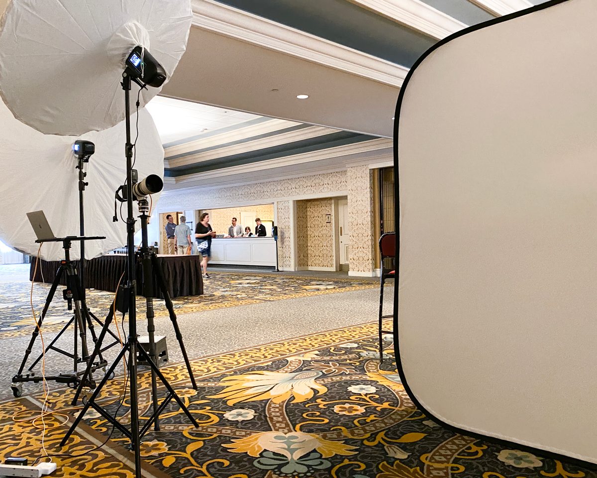 Minimal headshot photography setup in conference venue hallway - Philadelphia photographer