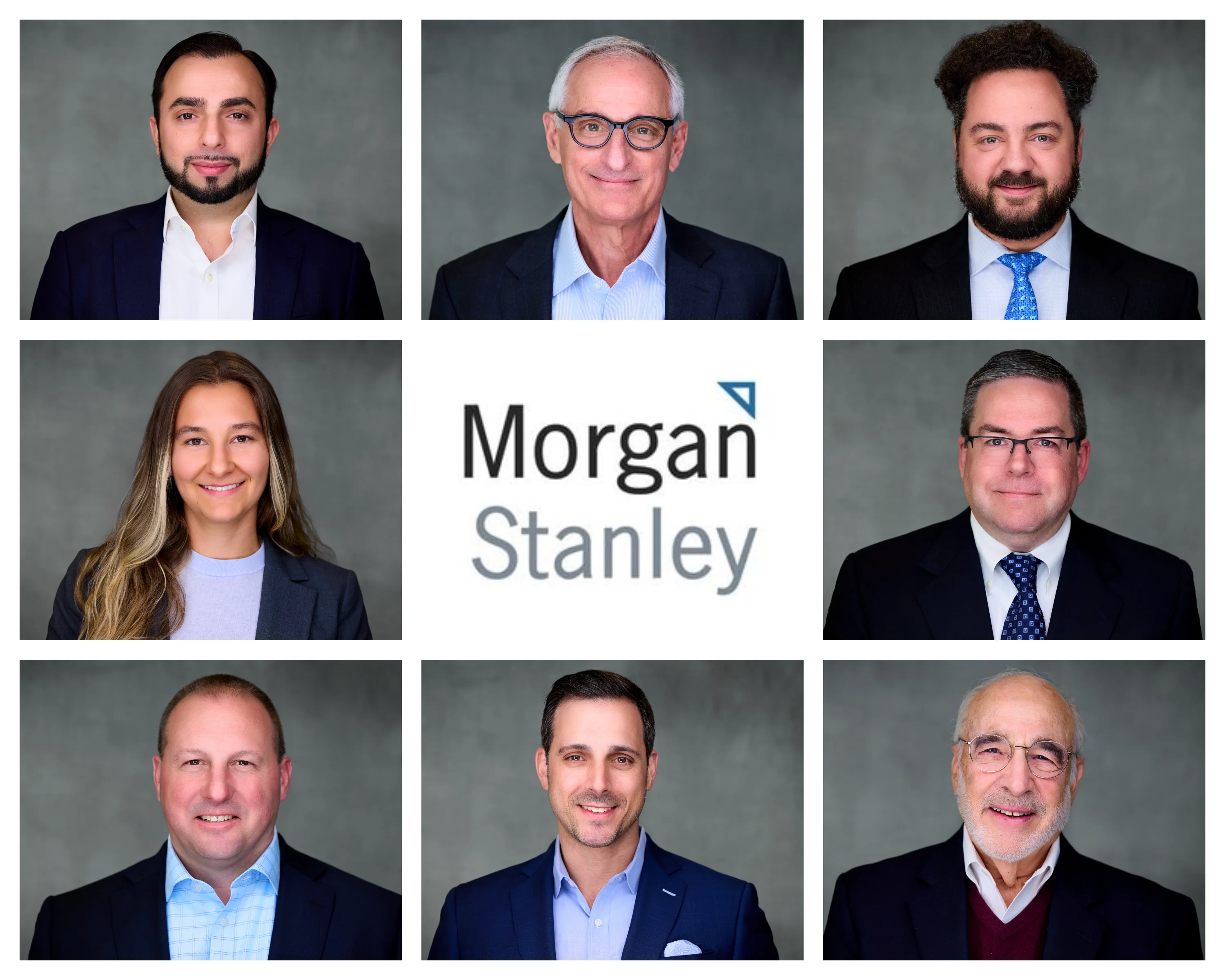 grid of 8 business professionals on grey background around logo for company 