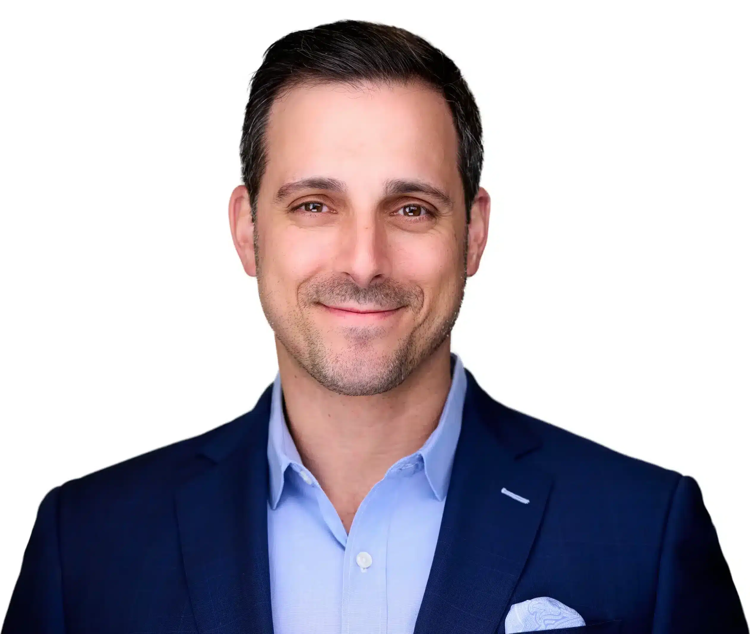 businessman with brown hair in blue jacket and blue shirt with pocket square looking confident